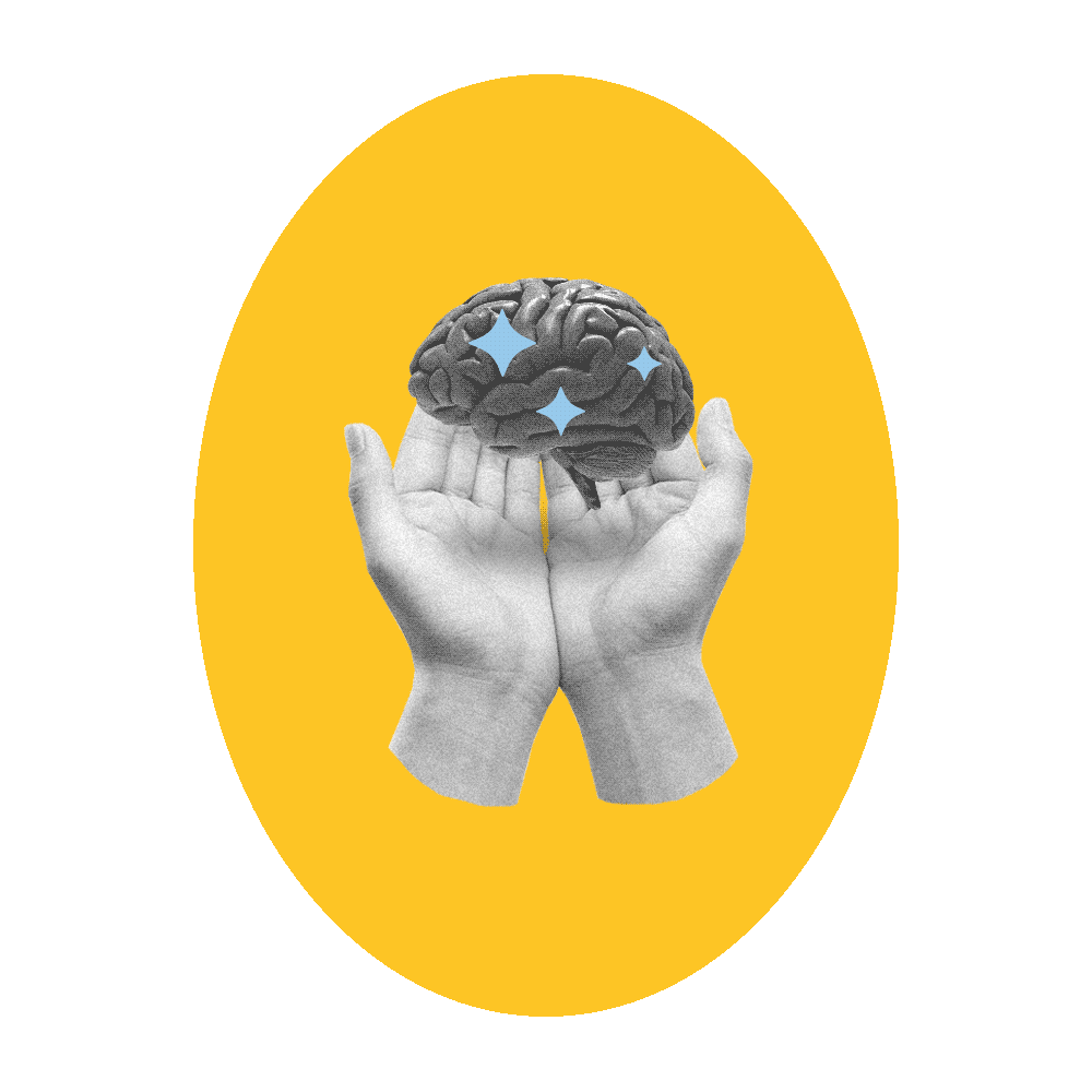 hands protecting a brain