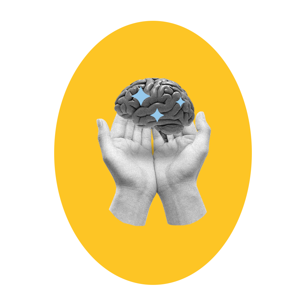 hands protecting a brain